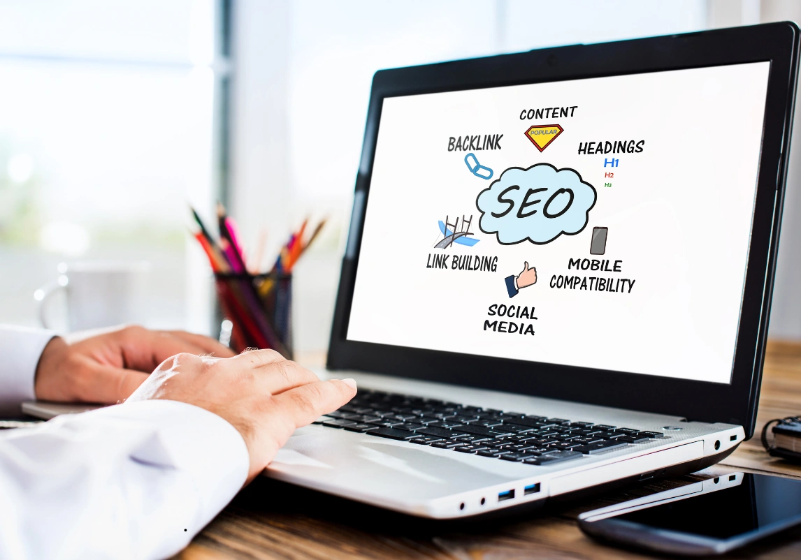 WordPress SEO Services showing keyword research, content optimization, and search ranking improvement over time