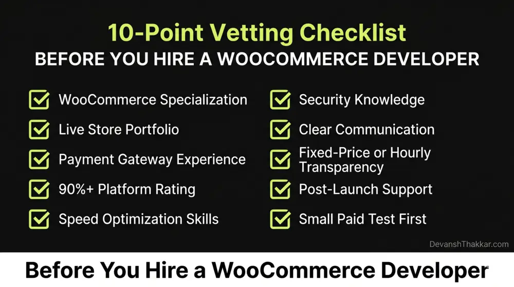 10-point vetting checklist before you hire a WooCommerce developer showing key evaluation criteria