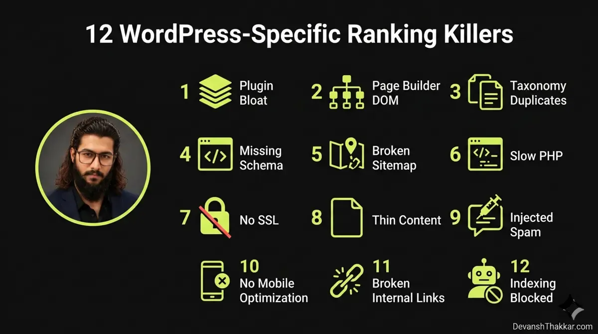 Devansh Thakkar presenting 12 WordPress-specific reasons a website is not ranking on Google