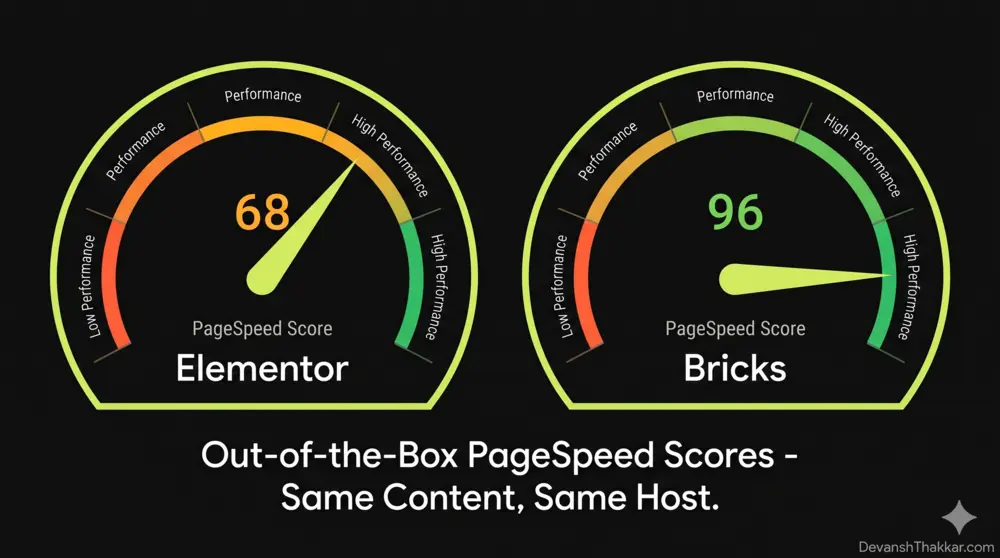 Elementor vs Bricks Builder PageSpeed performance comparison showing out of the box scores in 2026