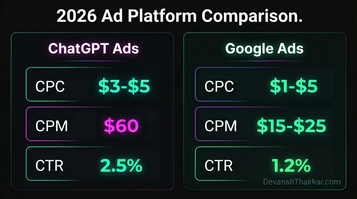 Devansh Thakkar ChatGPT ads vs Google Ads 2026 cost and performance comparison dashboard