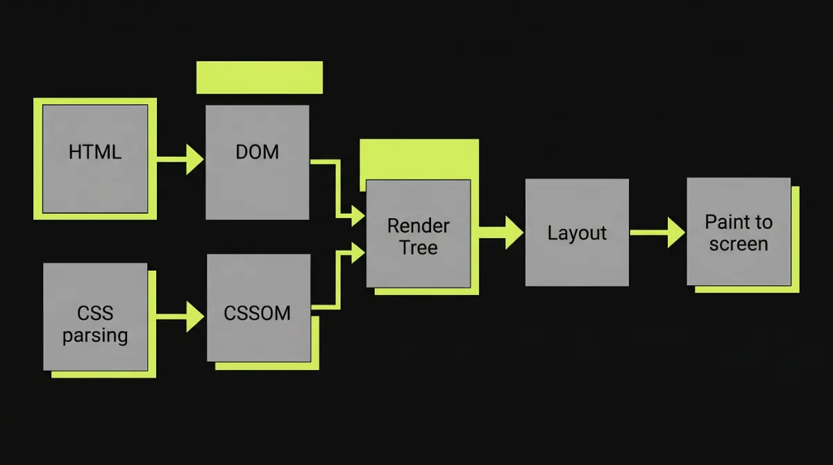 Critical rendering path diagram showing HTML, CSS, and JavaScript flow to first paint