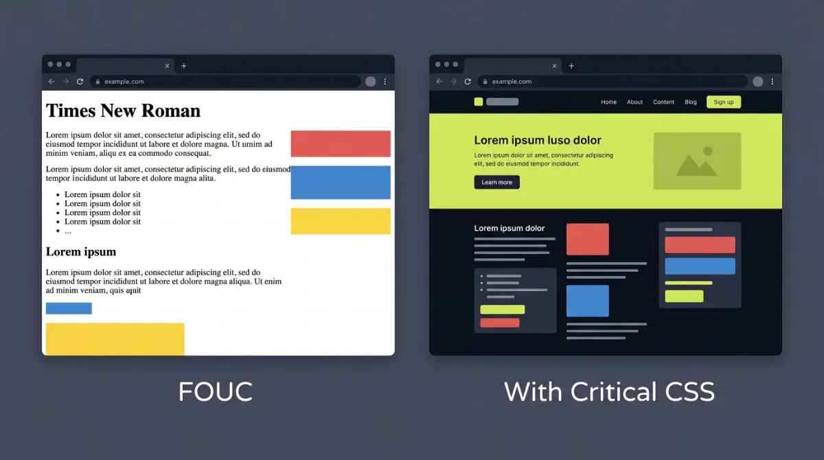 Flash of Unstyled Content diagram showing the visual difference between FOUC and properly applied critical CSS on a WordPress page
