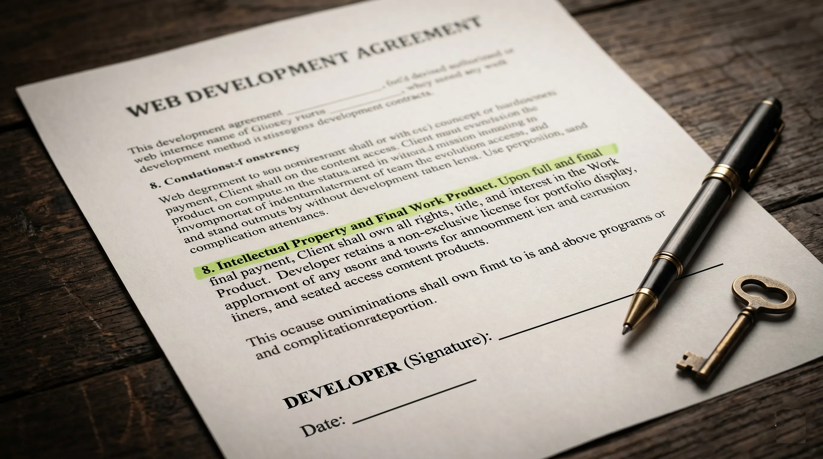 Development contract document with a highlighted code ownership clause and a signature line