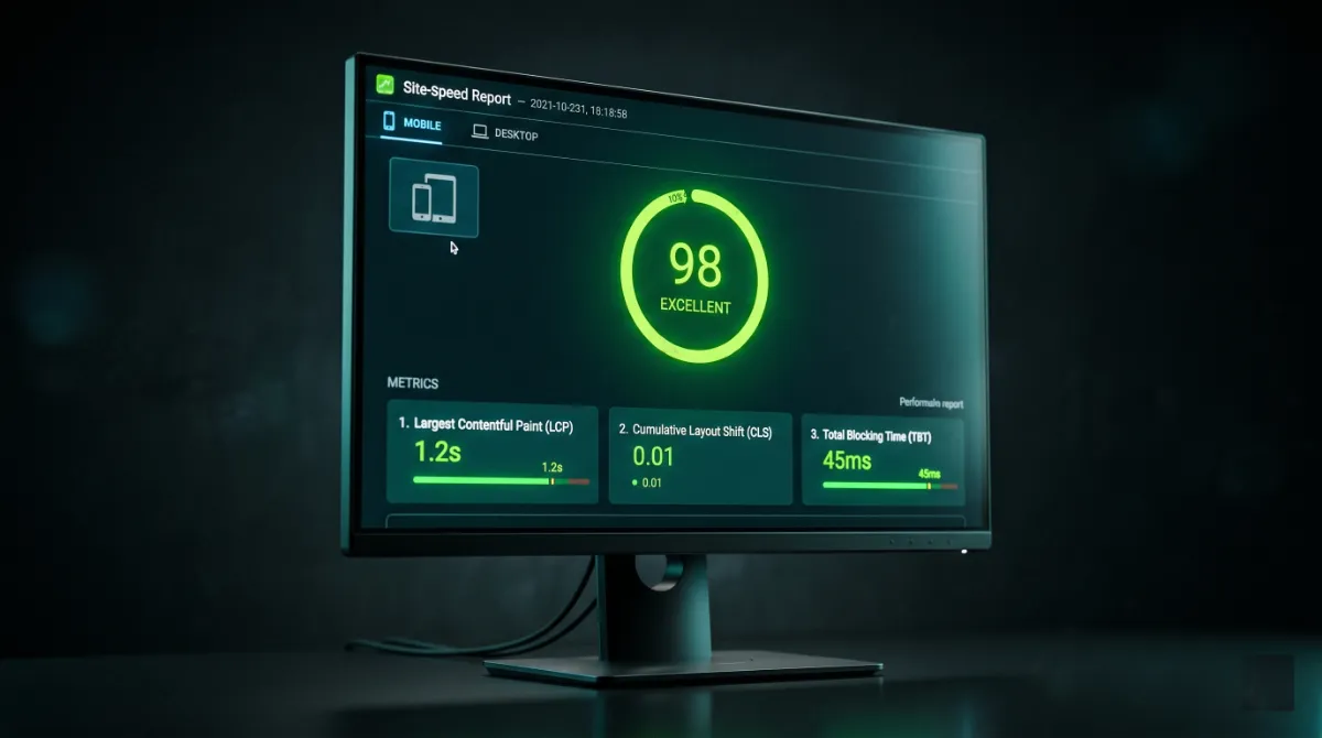 Performance dashboard showing a green score gauge with LCP, INP, and CLS metric cards in the good range