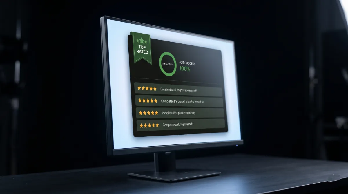 Profile reviews dashboard used to vet a WordPress developer, showing a Top Rated badge and job success ring