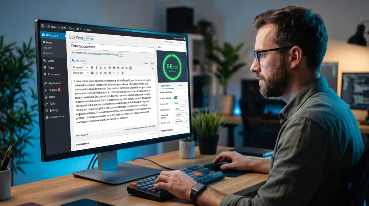 Developer configuring Rank Math schema and FAQ settings in WordPress for answer engine optimization for a small business