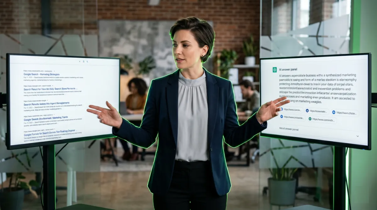 Marketing strategist comparing classic search results against an AI answer panel on two screens to explain AEO
