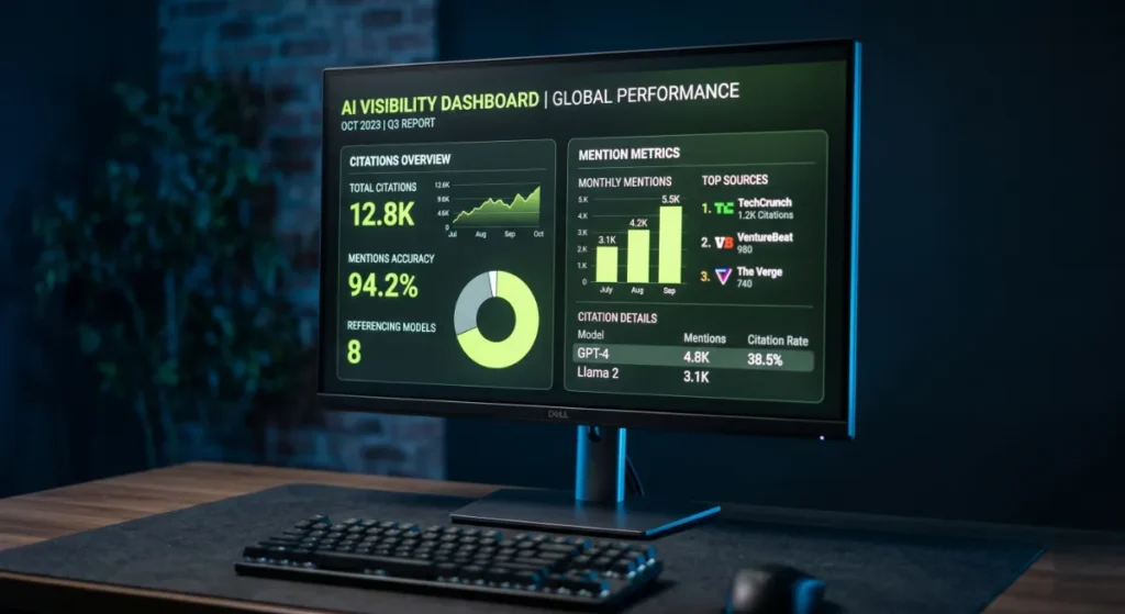 AI SEO services explained, shown as an AI search visibility dashboard.