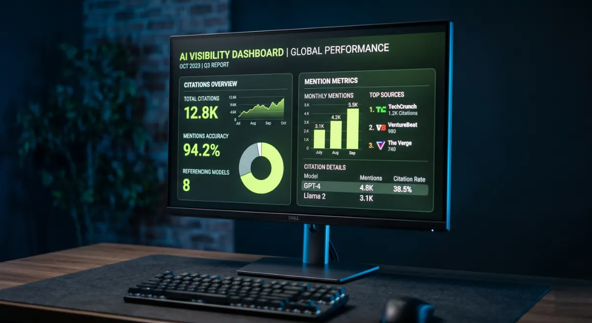 AI SEO services explained, shown as an AI search visibility dashboard