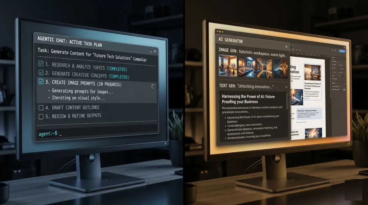 Split comparison of the Angie agentic chat panel beside the in-editor Elementor AI generation toolbar