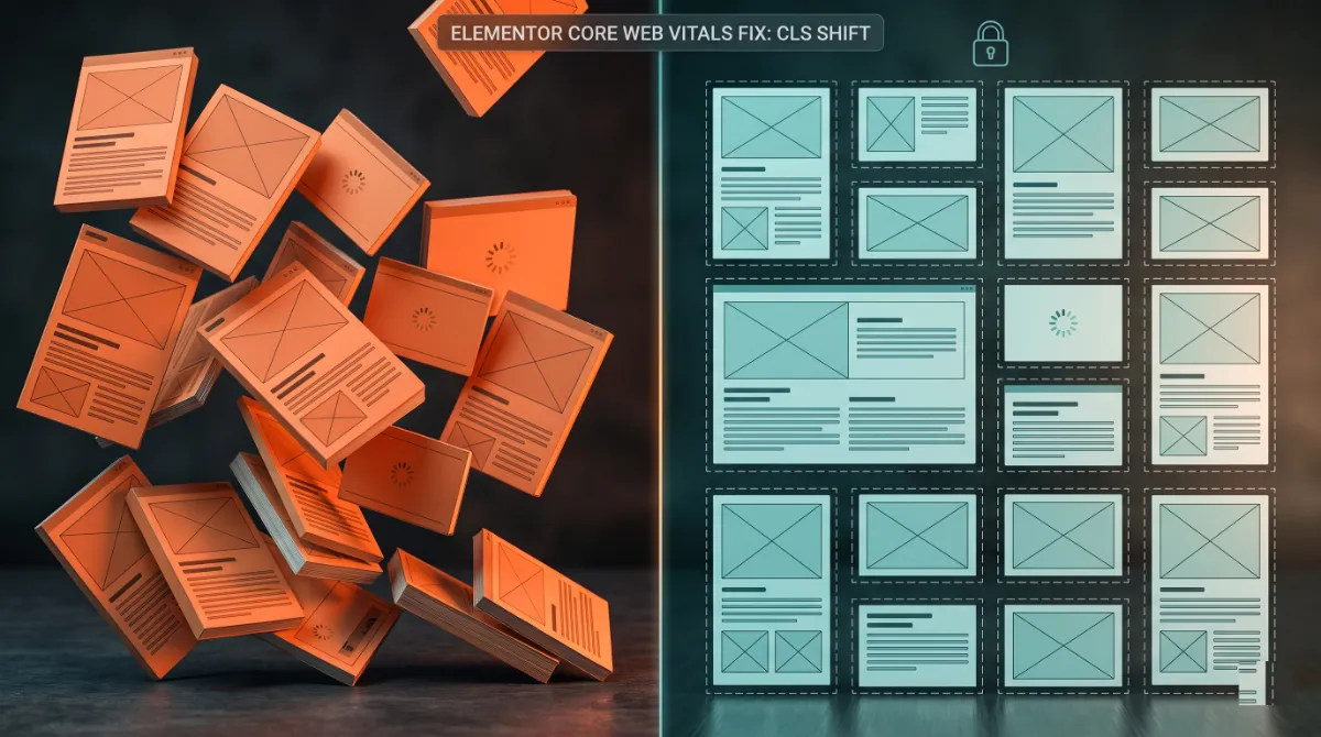 Before and after comparison of an Elementor page layout shifting versus staying stable as it loads
