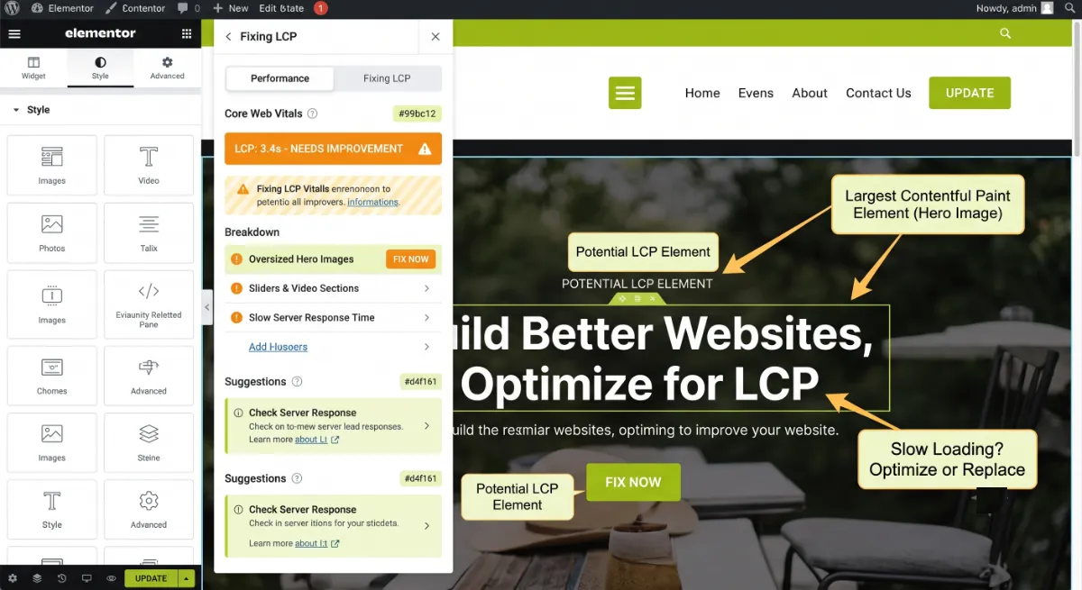 Above-the-fold Elementor hero section identified as the Largest Contentful Paint element on a page