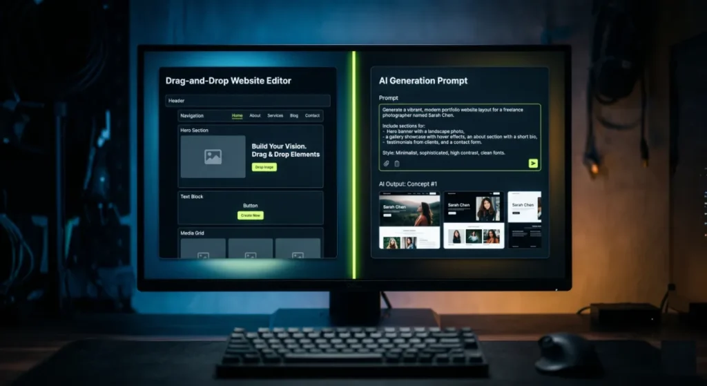 Elementor vs AI website builder comparison shown as a split screen