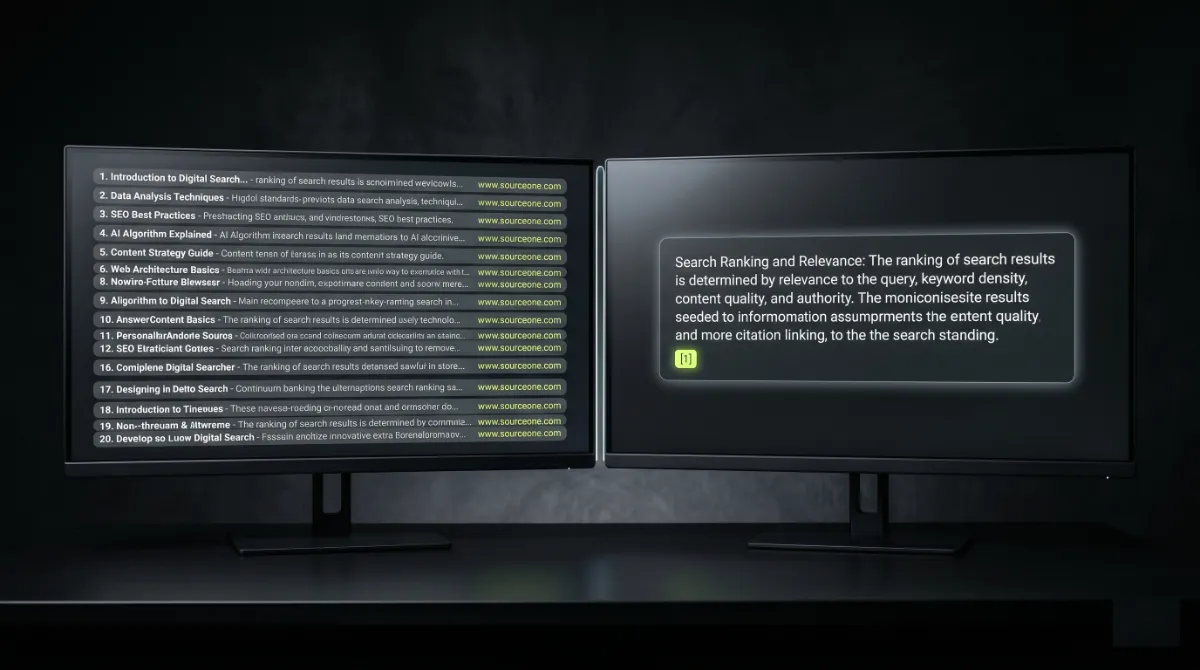 Two screens comparing a ranked list of links with a single cited AI answer
