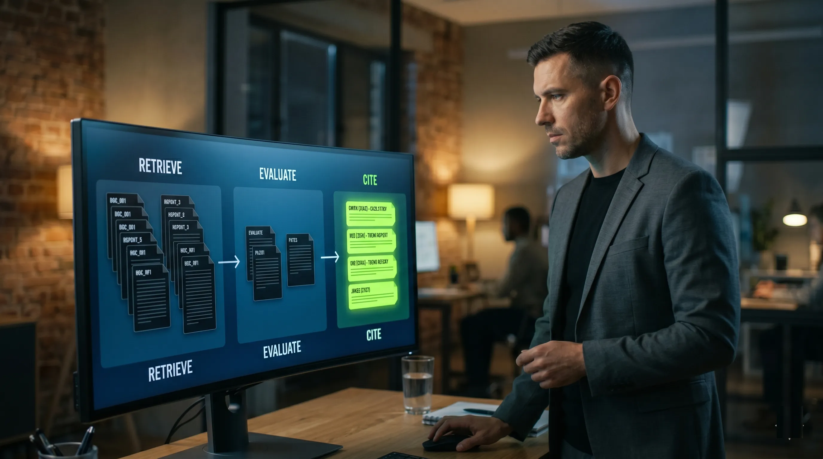 Content strategist studying a retrieve, evaluate, and cite pipeline on a monitor to understand how ChatGPT picks sources