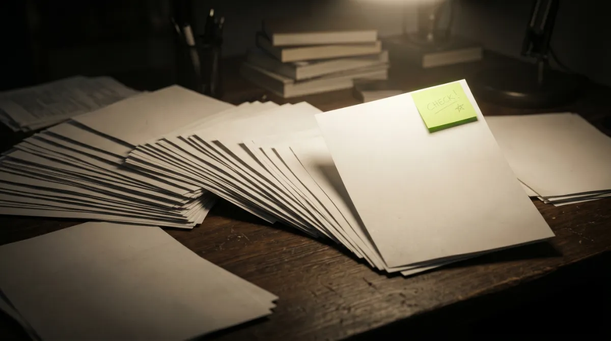 Many documents narrowing to one cited answer sheet under a focused light
