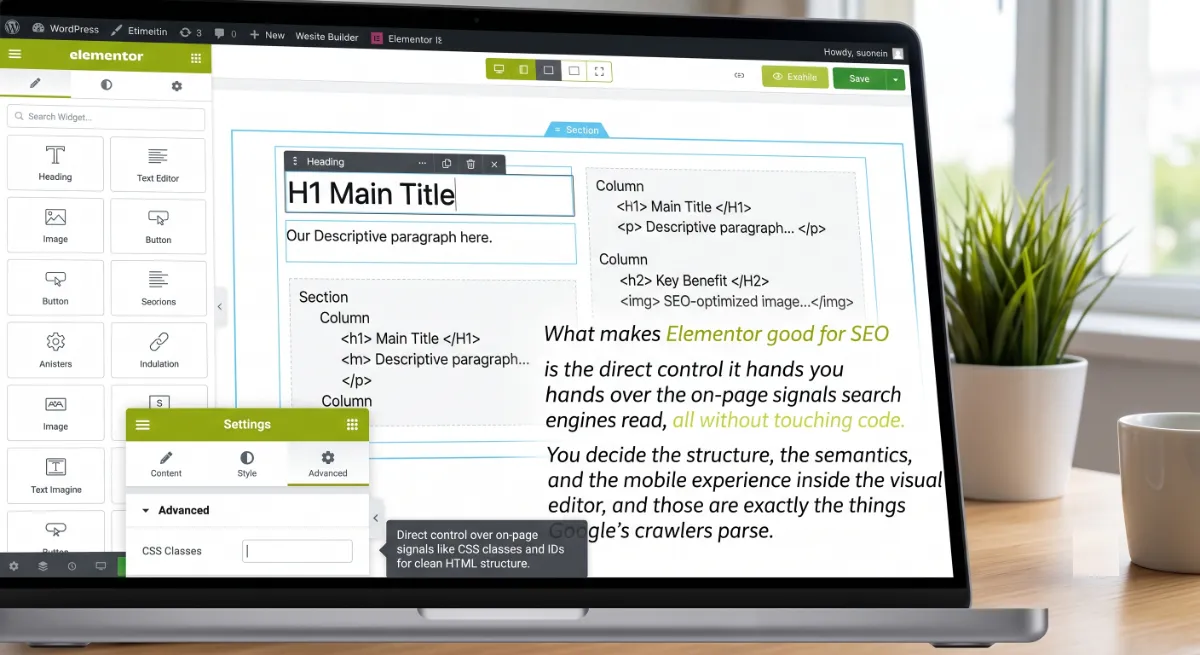 Clean semantic HTML heading structure produced by an Elementor page for better SEO
