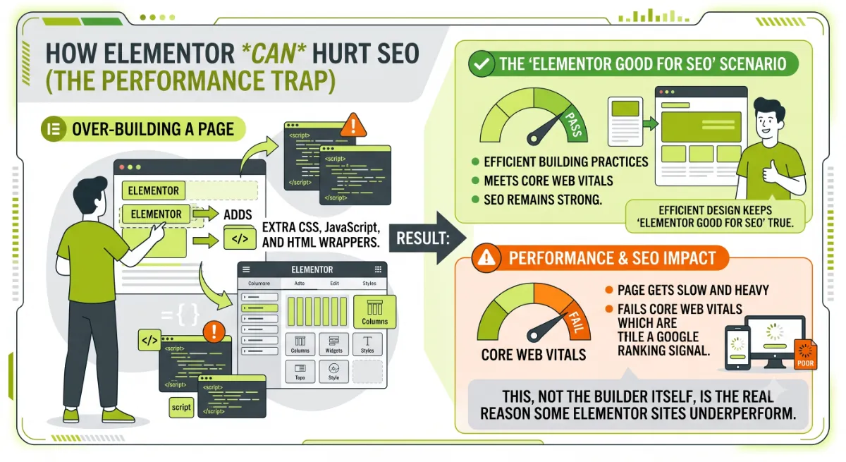 Deeply nested div structure and slow page speed shown as the main SEO risk on an Elementor site