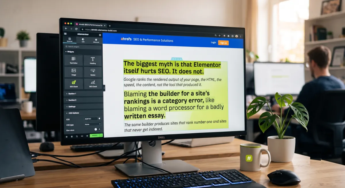 Comparison showing the builder is SEO-neutral while the site setup determines Elementor SEO results