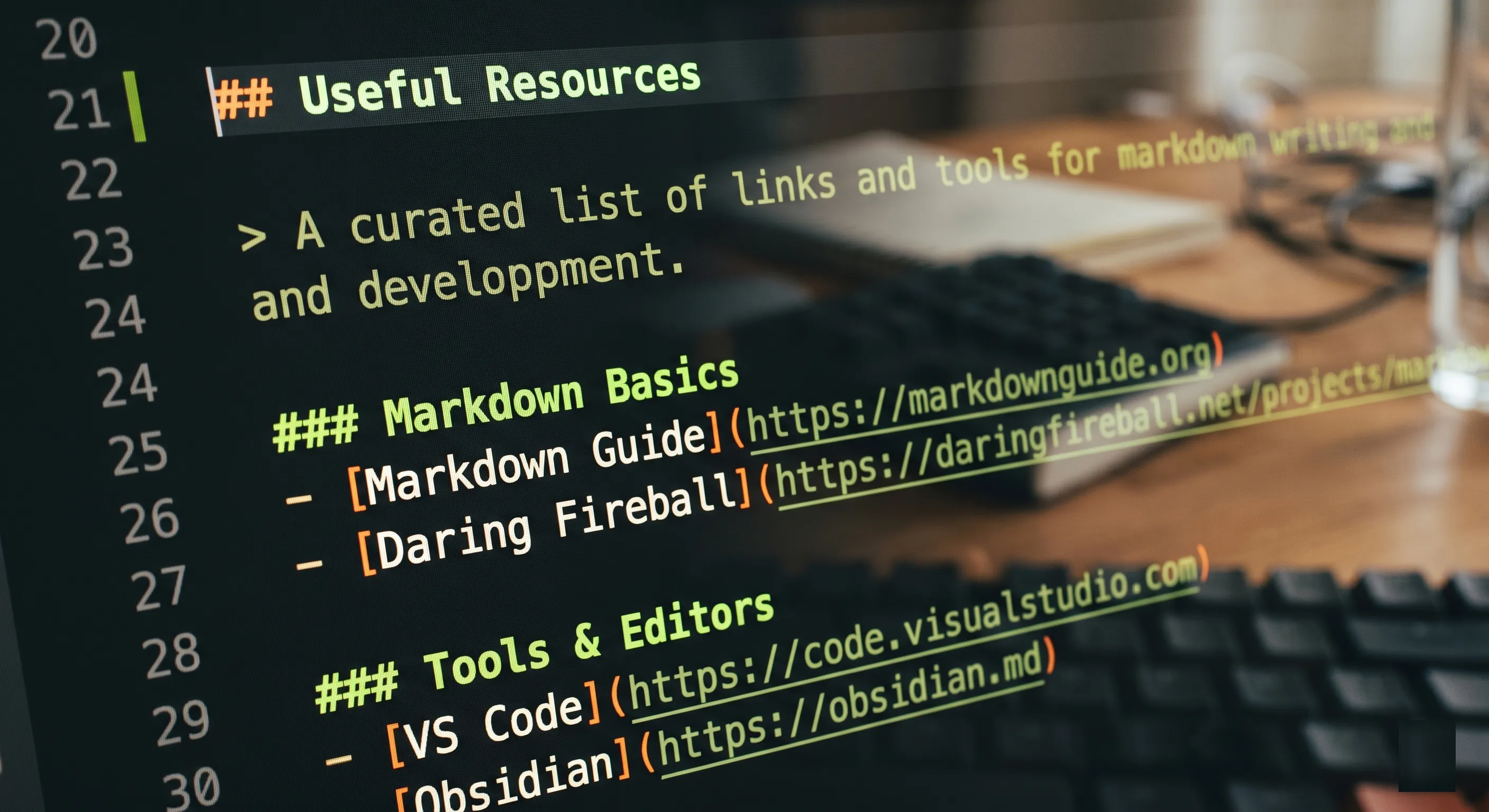 A complete llms.txt file shown in a code editor with title, description, and grouped links