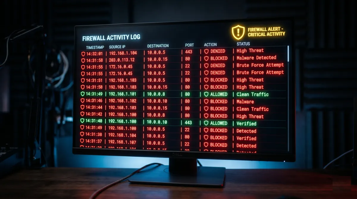 A firewall log on screen showing AI crawler requests blocked in red