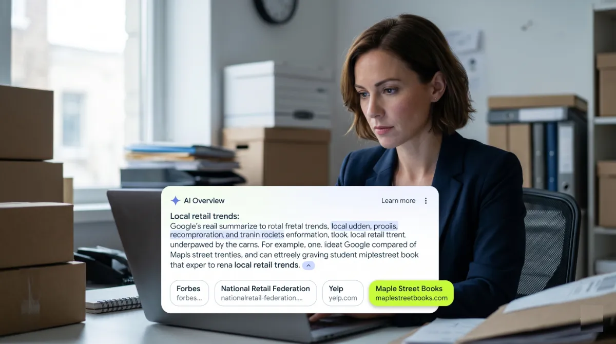 Small business owner reviewing a Google AI Overview on a laptop that cites her local company beside national brands