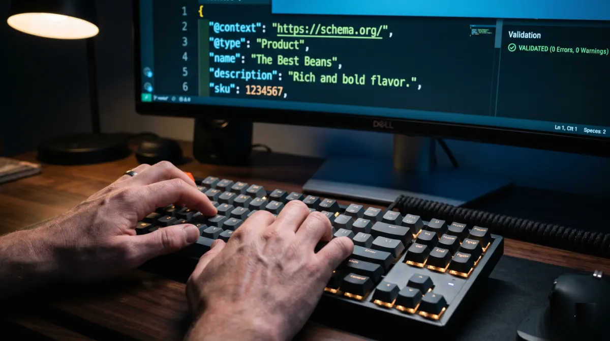 Developer adding FAQPage JSON-LD schema in a code editor to support answer engine optimization for a small business