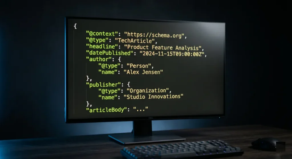 Structured data for AI search shown as JSON-LD code that engines can read.