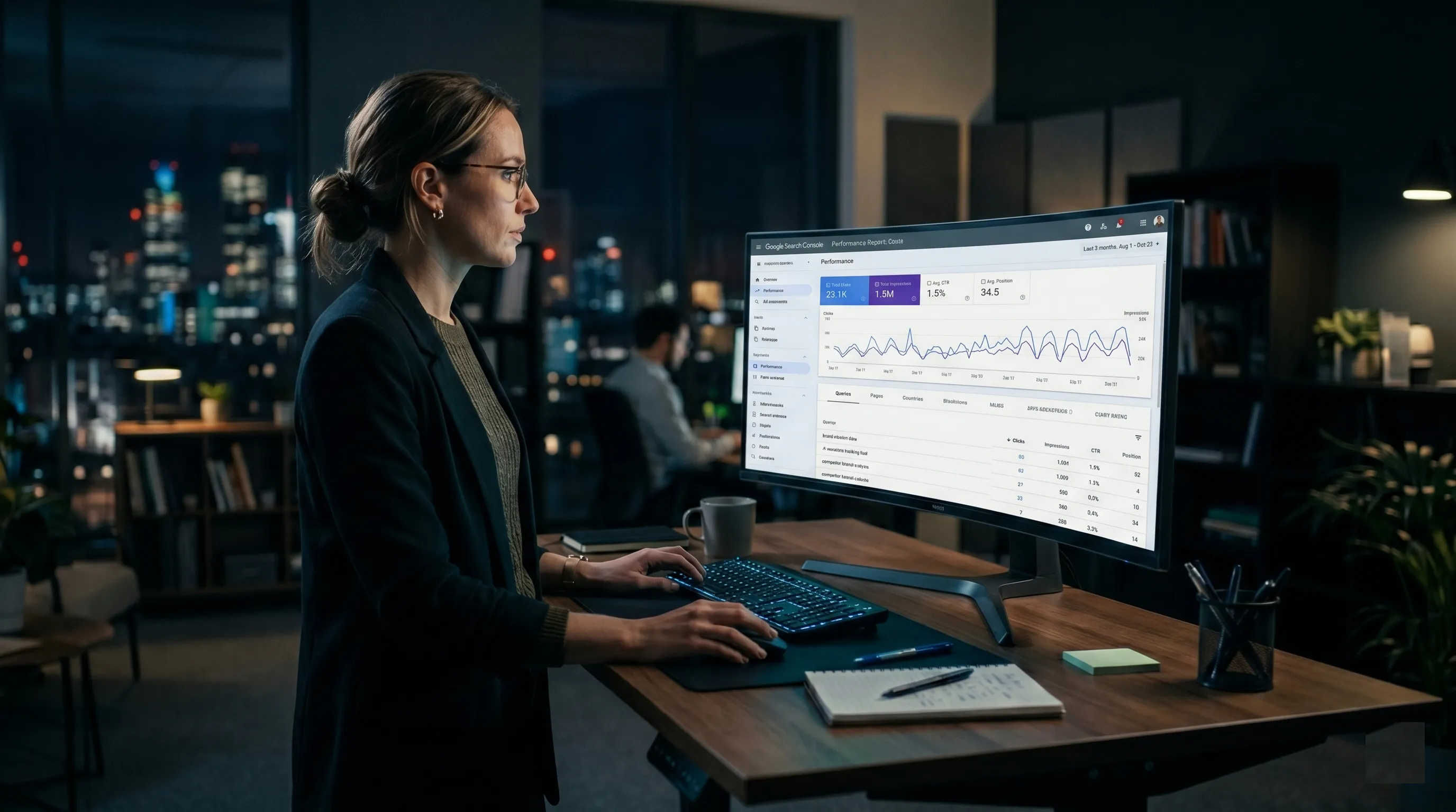 Marketer reviewing an AI citation tracking dashboard showing brand mentions across ChatGPT and Perplexity