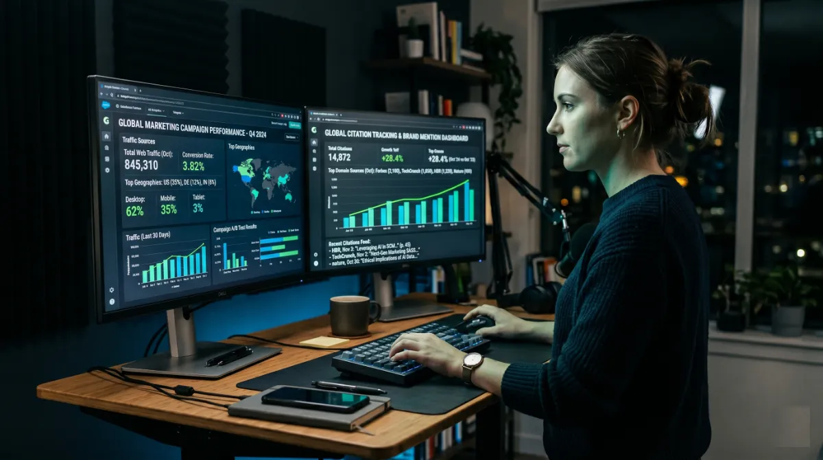 Marketer running category prompts in ChatGPT and logging brand citations on a tracking dashboard