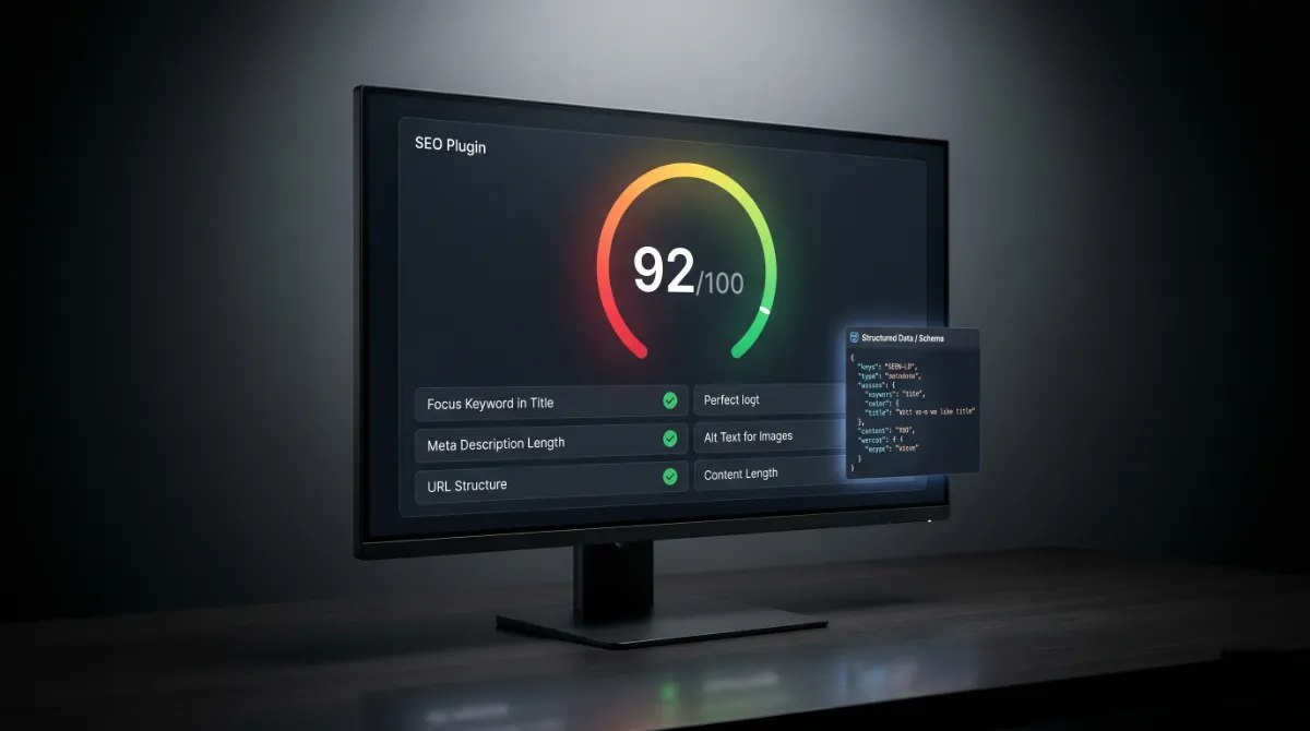 An SEO plugin score dial and structured data panel for generative engine optimization