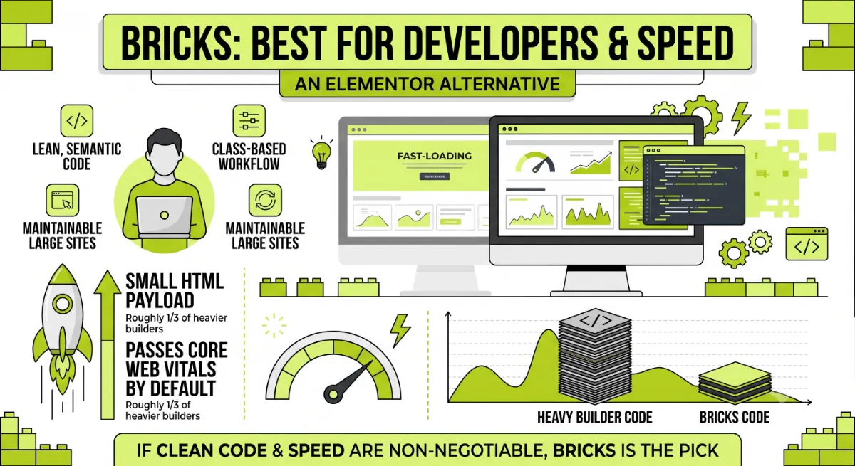 Bricks Builder class-based editor producing lean semantic code as an Elementor alternative