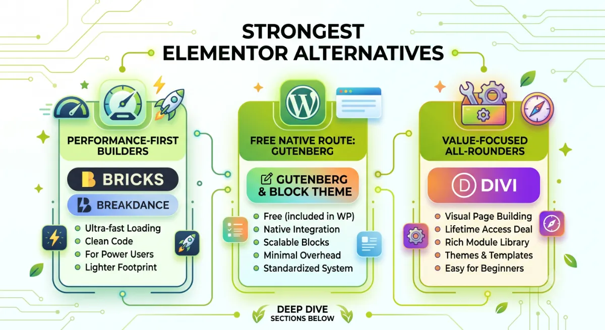 Comparison chart of Elementor alternatives Bricks, Gutenberg, Breakdance, and Divi across speed, price, and best use