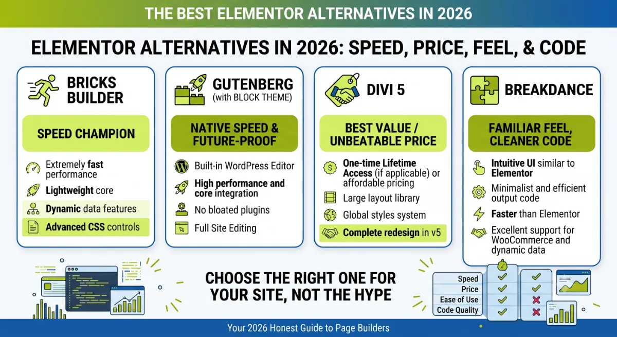 Elementor alternatives 2026 lineup showing Bricks, Gutenberg, Breakdance, and Divi as WordPress page builders