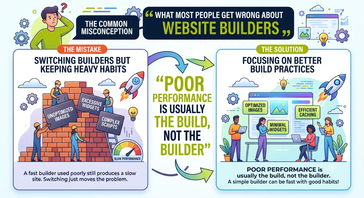 Concept showing that build quality, not the page builder brand, determines WordPress site speed