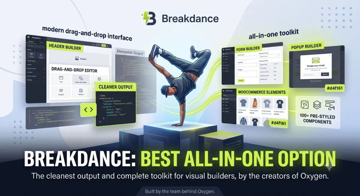 Breakdance all-in-one WordPress builder interface as an Elementor alternative with cleaner output