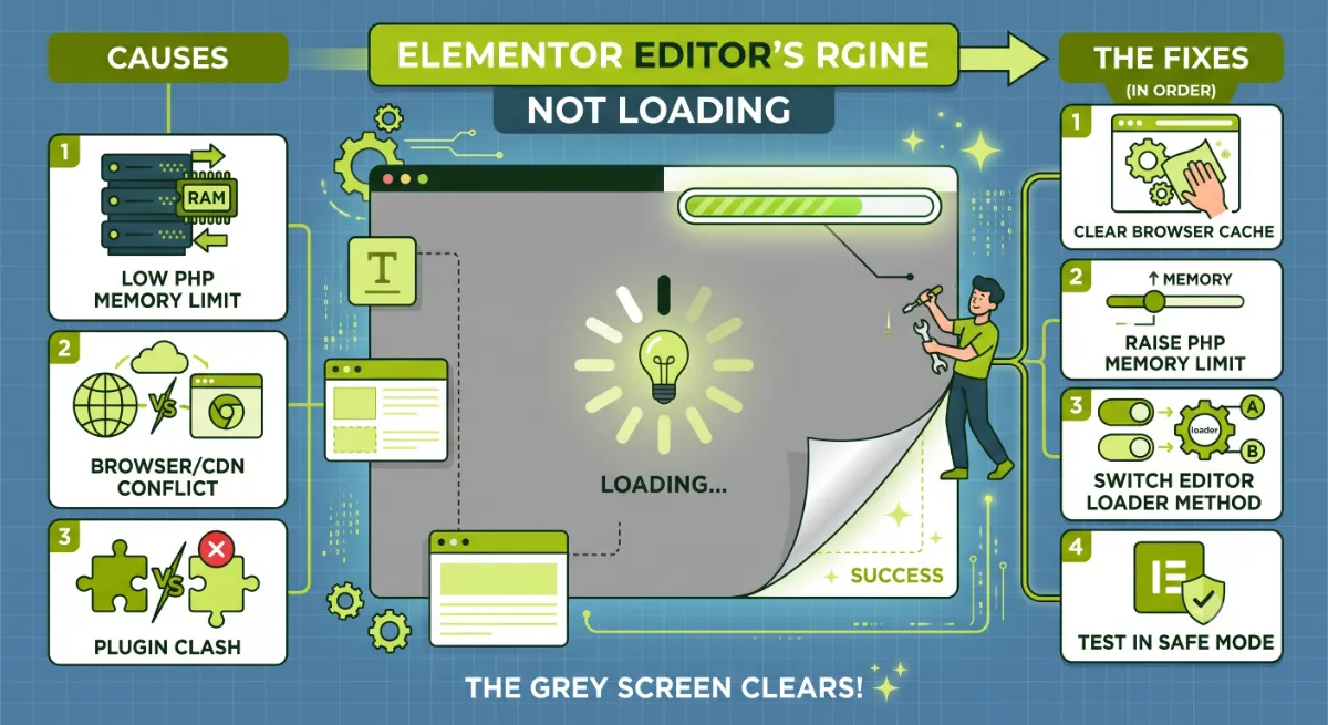 Elementor editor not loading, stuck on a grey loading screen with an endless spinner in WordPress