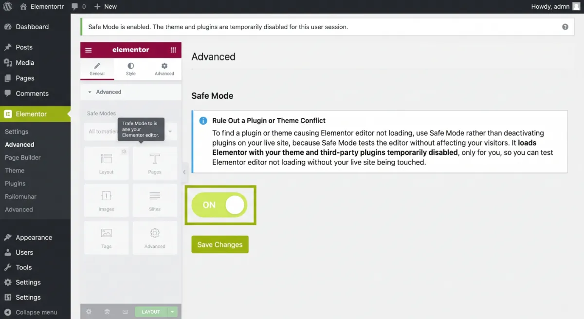 Enabling Elementor Safe Mode from the Tools menu to test for a plugin or theme conflict