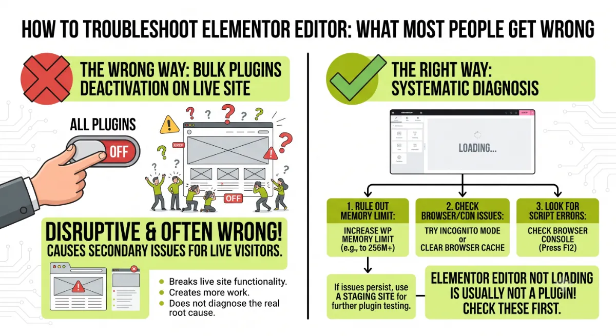 Comparison of risky bulk plugin deactivation versus safe, non-destructive Elementor Safe Mode testing