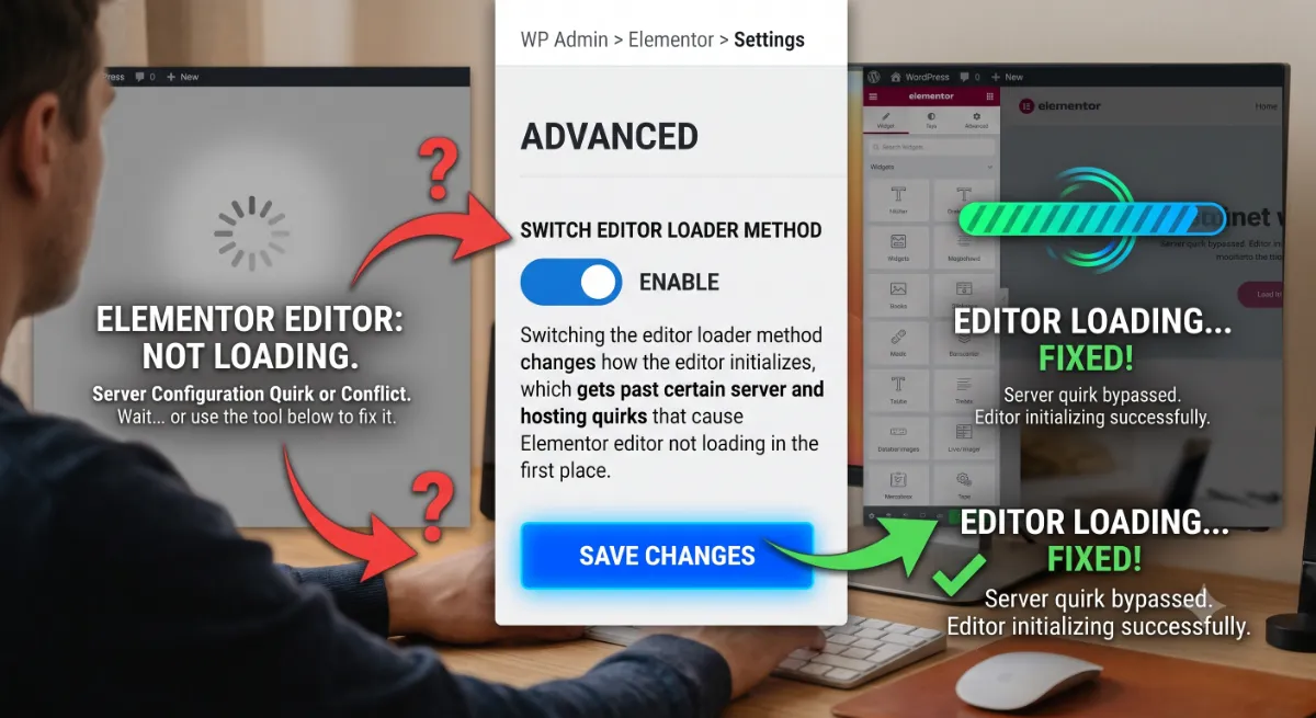 The Switch Editor Loader Method toggle in the Elementor Settings Advanced tab
