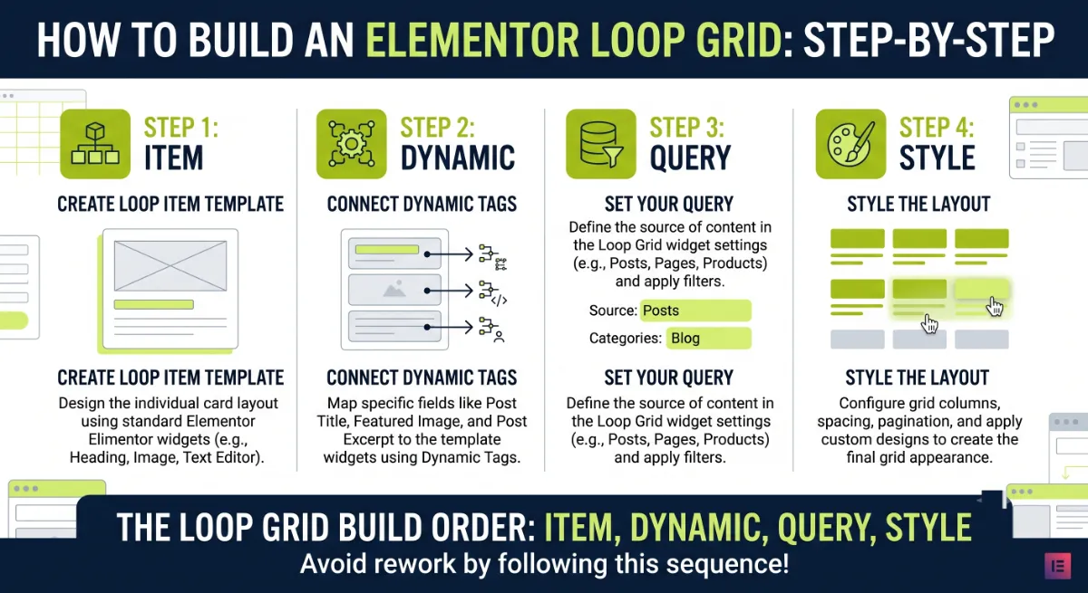 Designing a loop item template with dynamic title, image, and excerpt for an Elementor Loop Grid