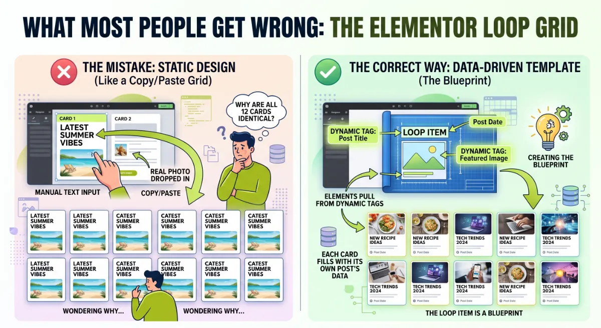 Static loop item repeating identical cards versus dynamic tags filling each Elementor Loop Grid card uniquely