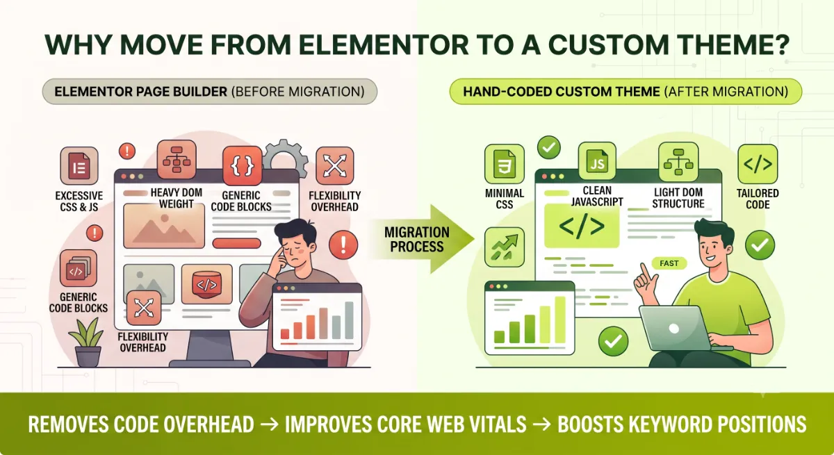 Lean hand-coded theme output compared to heavier Elementor page markup for better performance
