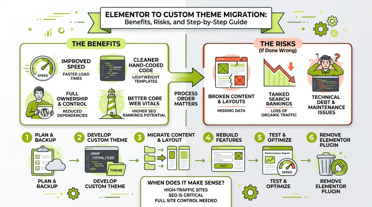 Elementor to custom theme migration concept showing an Elementor layout rebuilt as clean hand-coded templates