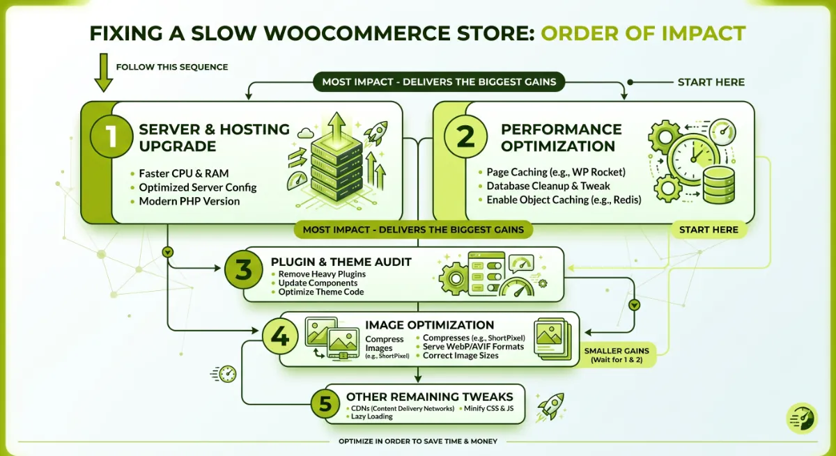 The order of impact for fixing a slow WooCommerce store: hosting, caching, images, plugins, code