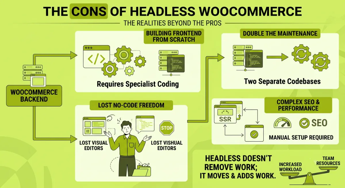 The cons of headless WooCommerce: cost, complexity, plugin loss, SEO work, and maintenance