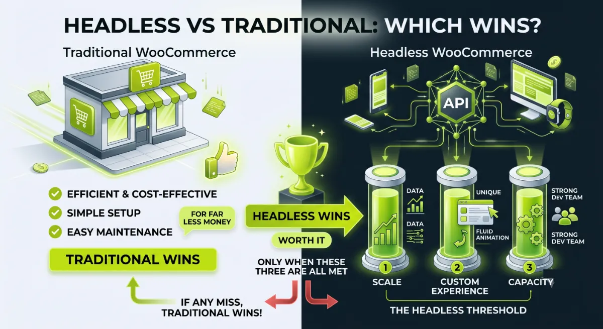 Headless WooCommerce versus traditional WooCommerce comparison for deciding which architecture wins