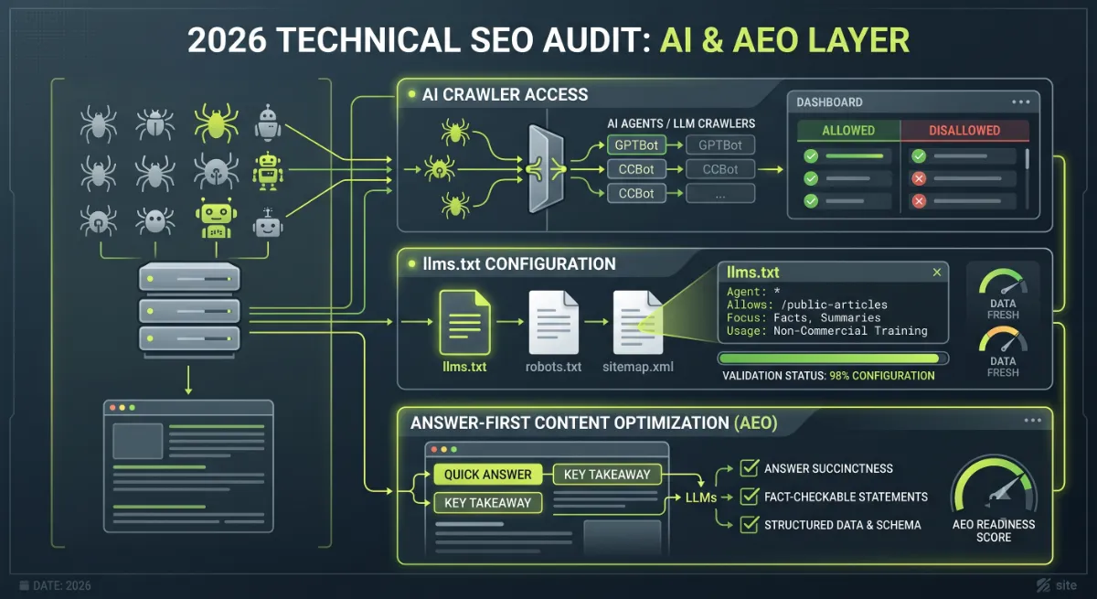 The AI and AEO layer in a 2026 technical SEO audit: crawler access, llms.txt, and answer-first content