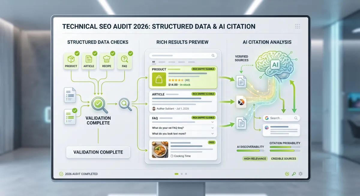 Structured data checks in a 2026 technical SEO audit for rich results and AI citation